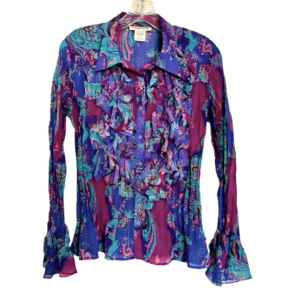 Vintage Purple Crinkle Fringe Appliqué Metallic Thread Sheer Blouse size M